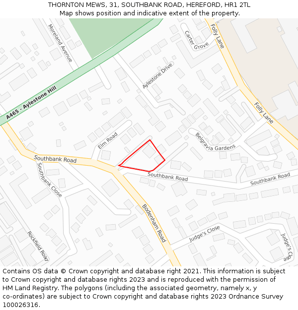 THORNTON MEWS, 31, SOUTHBANK ROAD, HEREFORD, HR1 2TL: Location map and indicative extent of plot