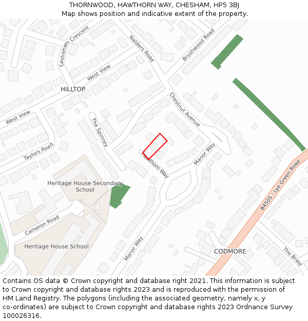 THORNWOOD, HAWTHORN WAY, CHESHAM, HP5 3BJ: Location map and indicative extent of plot