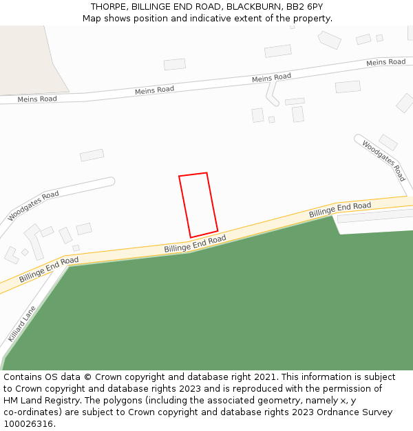 THORPE, BILLINGE END ROAD, BLACKBURN, BB2 6PY: Location map and indicative extent of plot