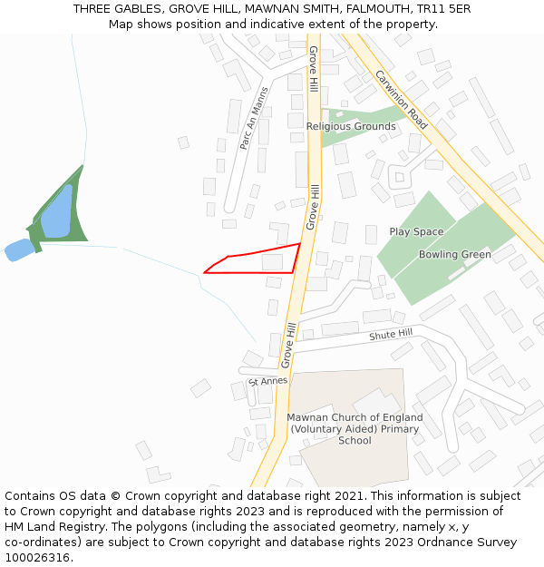 THREE GABLES, GROVE HILL, MAWNAN SMITH, FALMOUTH, TR11 5ER: Location map and indicative extent of plot