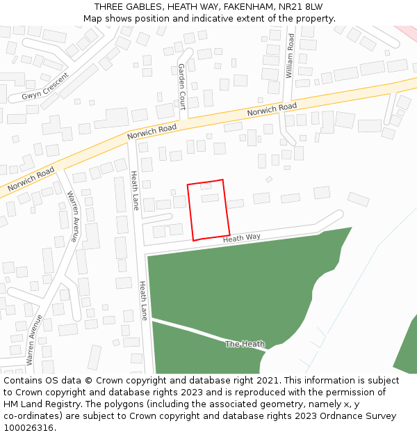 THREE GABLES, HEATH WAY, FAKENHAM, NR21 8LW: Location map and indicative extent of plot