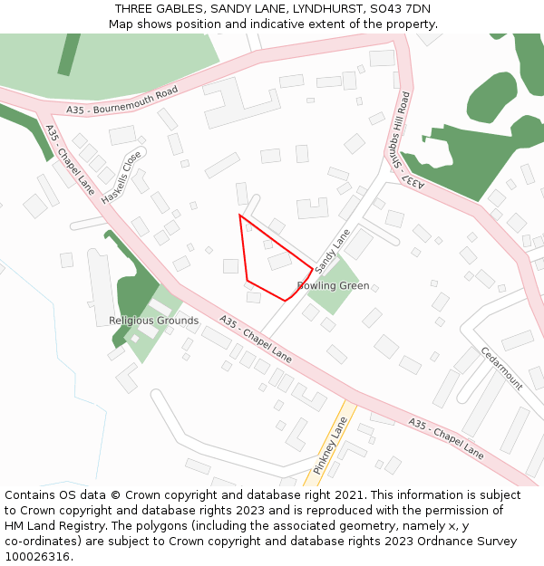 THREE GABLES, SANDY LANE, LYNDHURST, SO43 7DN: Location map and indicative extent of plot