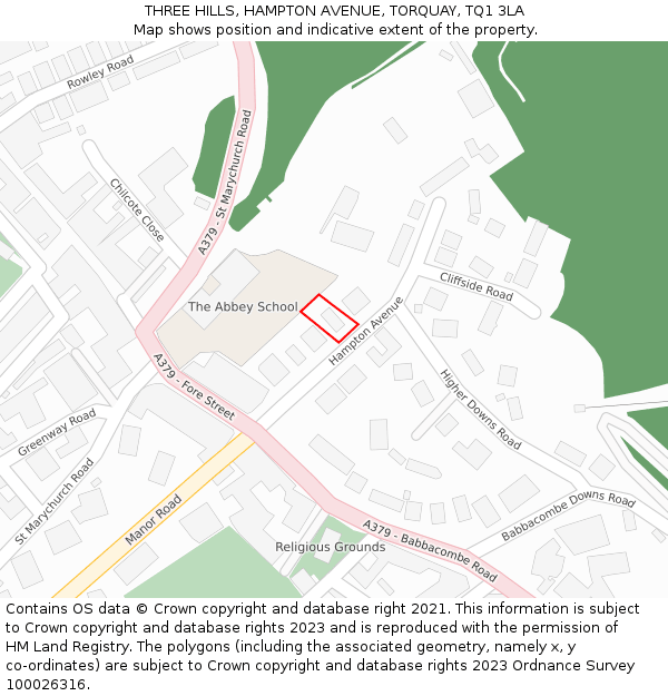 THREE HILLS, HAMPTON AVENUE, TORQUAY, TQ1 3LA: Location map and indicative extent of plot