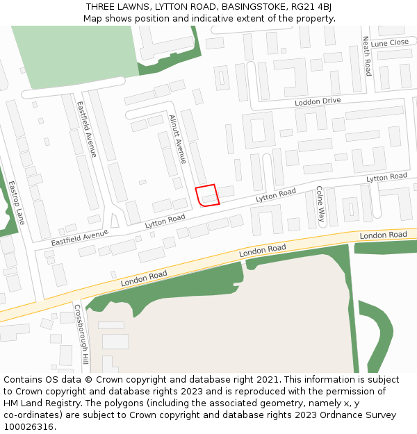 THREE LAWNS, LYTTON ROAD, BASINGSTOKE, RG21 4BJ: Location map and indicative extent of plot