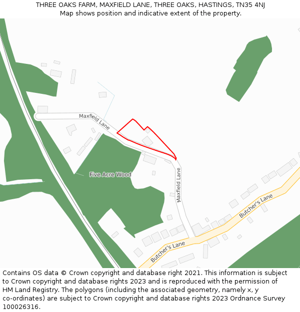 THREE OAKS FARM, MAXFIELD LANE, THREE OAKS, HASTINGS, TN35 4NJ: Location map and indicative extent of plot