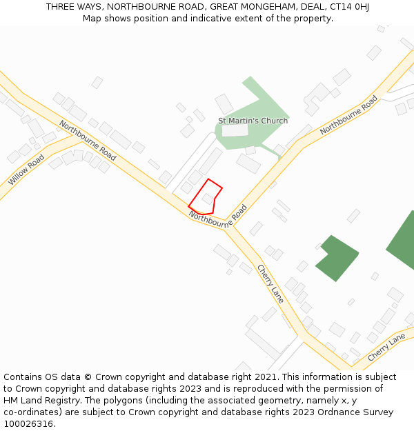 THREE WAYS, NORTHBOURNE ROAD, GREAT MONGEHAM, DEAL, CT14 0HJ: Location map and indicative extent of plot