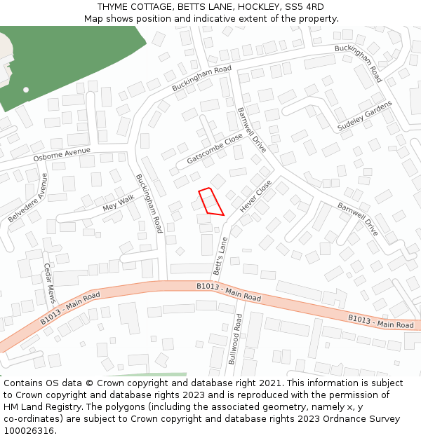 THYME COTTAGE, BETTS LANE, HOCKLEY, SS5 4RD: Location map and indicative extent of plot
