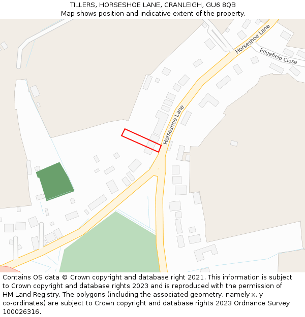 TILLERS, HORSESHOE LANE, CRANLEIGH, GU6 8QB: Location map and indicative extent of plot