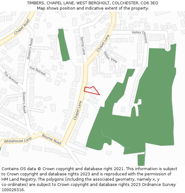TIMBERS, CHAPEL LANE, WEST BERGHOLT, COLCHESTER, CO6 3EG: Location map and indicative extent of plot