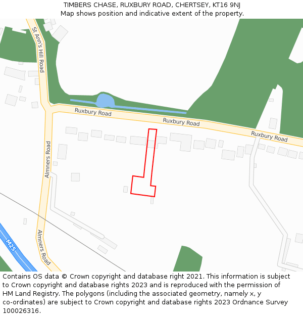 TIMBERS CHASE, RUXBURY ROAD, CHERTSEY, KT16 9NJ: Location map and indicative extent of plot