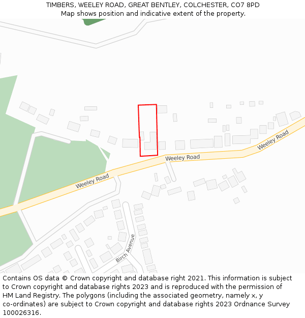 TIMBERS, WEELEY ROAD, GREAT BENTLEY, COLCHESTER, CO7 8PD: Location map and indicative extent of plot