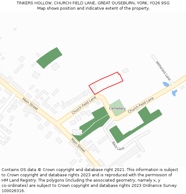 TINKERS HOLLOW, CHURCH FIELD LANE, GREAT OUSEBURN, YORK, YO26 9SG: Location map and indicative extent of plot