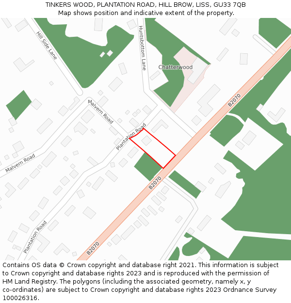 TINKERS WOOD, PLANTATION ROAD, HILL BROW, LISS, GU33 7QB: Location map and indicative extent of plot