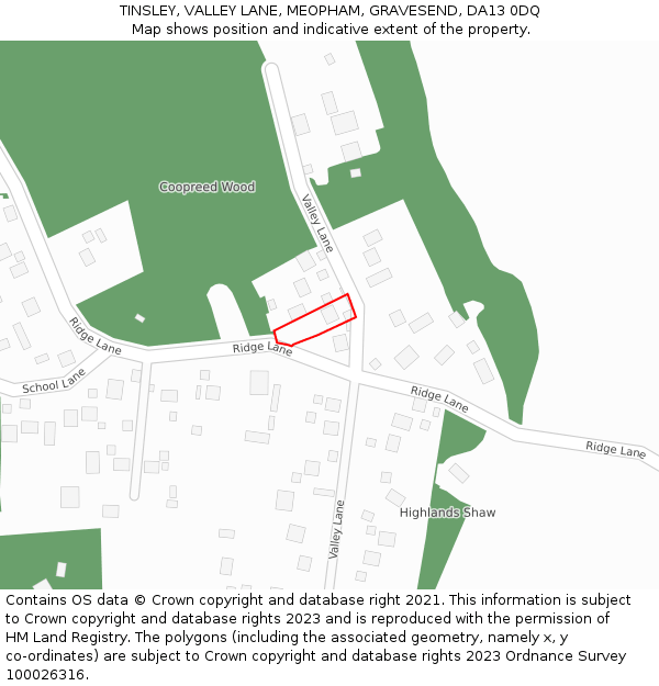 TINSLEY, VALLEY LANE, MEOPHAM, GRAVESEND, DA13 0DQ: Location map and indicative extent of plot