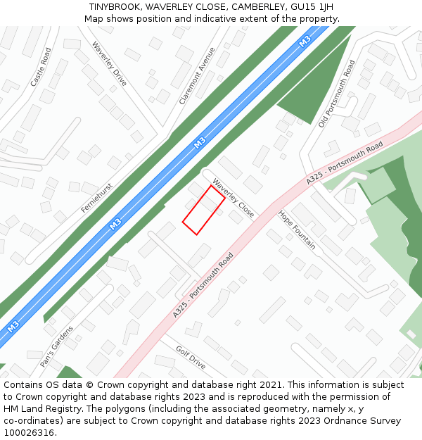 TINYBROOK, WAVERLEY CLOSE, CAMBERLEY, GU15 1JH: Location map and indicative extent of plot