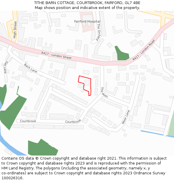 TITHE BARN COTTAGE, COURTBROOK, FAIRFORD, GL7 4BE: Location map and indicative extent of plot