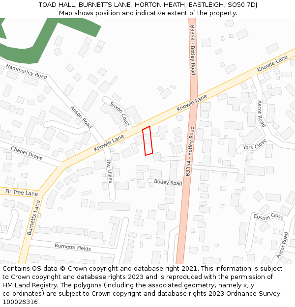 TOAD HALL, BURNETTS LANE, HORTON HEATH, EASTLEIGH, SO50 7DJ: Location map and indicative extent of plot