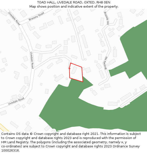 TOAD HALL, UVEDALE ROAD, OXTED, RH8 0EN: Location map and indicative extent of plot