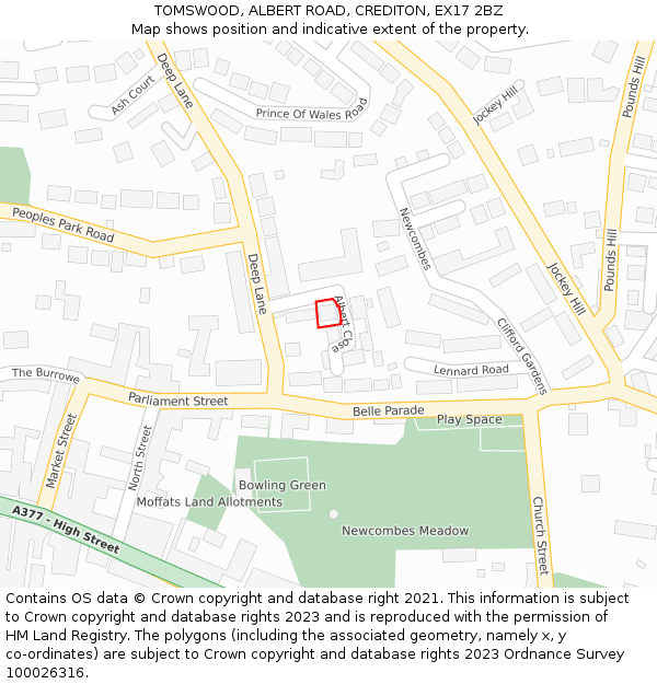 TOMSWOOD, ALBERT ROAD, CREDITON, EX17 2BZ: Location map and indicative extent of plot