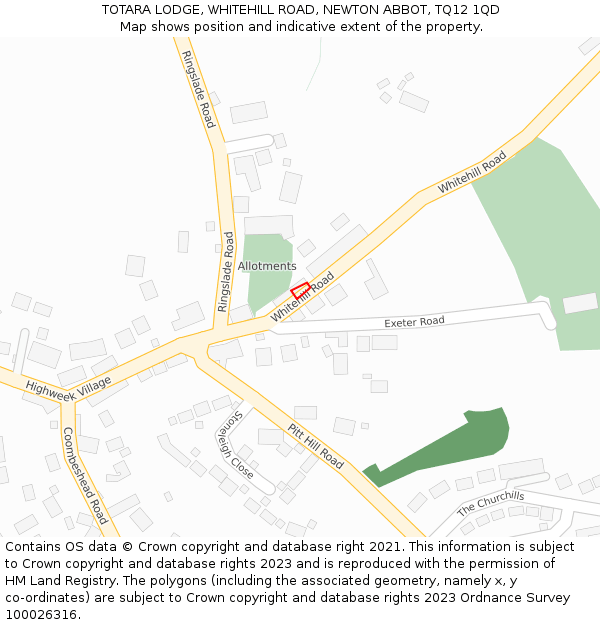 TOTARA LODGE, WHITEHILL ROAD, NEWTON ABBOT, TQ12 1QD: Location map and indicative extent of plot