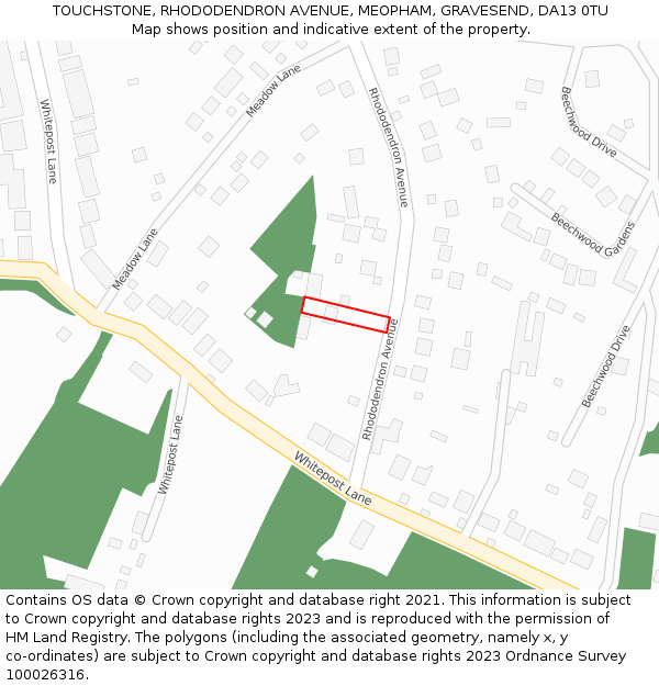 TOUCHSTONE, RHODODENDRON AVENUE, MEOPHAM, GRAVESEND, DA13 0TU: Location map and indicative extent of plot