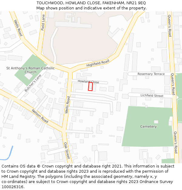 TOUCHWOOD, HOWLAND CLOSE, FAKENHAM, NR21 9EQ: Location map and indicative extent of plot