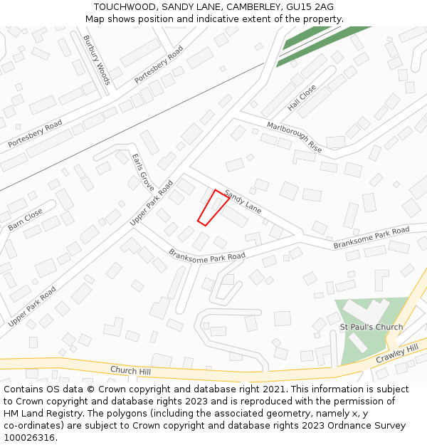 TOUCHWOOD, SANDY LANE, CAMBERLEY, GU15 2AG: Location map and indicative extent of plot