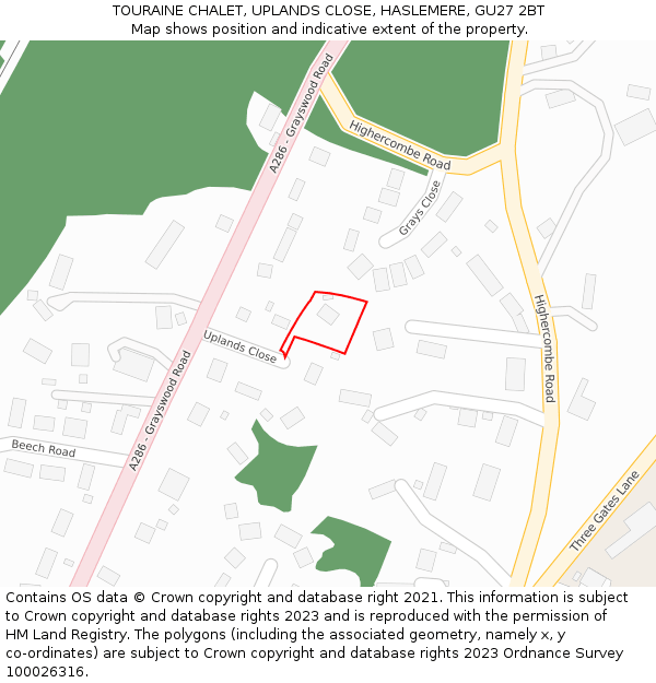TOURAINE CHALET, UPLANDS CLOSE, HASLEMERE, GU27 2BT: Location map and indicative extent of plot