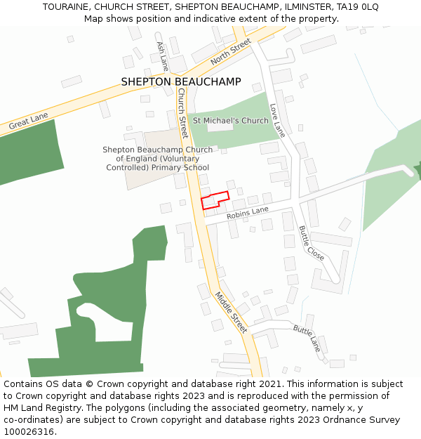 TOURAINE, CHURCH STREET, SHEPTON BEAUCHAMP, ILMINSTER, TA19 0LQ: Location map and indicative extent of plot