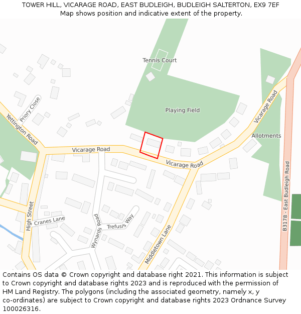 TOWER HILL, VICARAGE ROAD, EAST BUDLEIGH, BUDLEIGH SALTERTON, EX9 7EF: Location map and indicative extent of plot