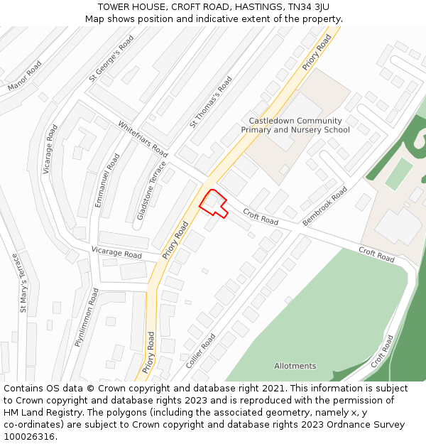 TOWER HOUSE, CROFT ROAD, HASTINGS, TN34 3JU: Location map and indicative extent of plot