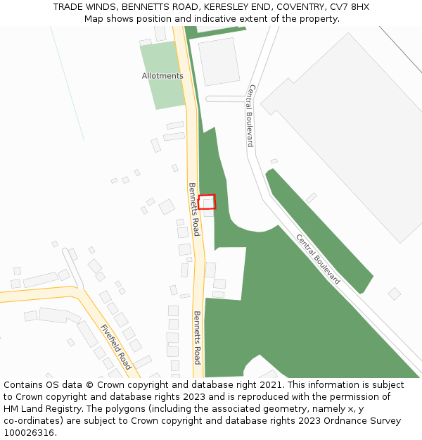 TRADE WINDS, BENNETTS ROAD, KERESLEY END, COVENTRY, CV7 8HX: Location map and indicative extent of plot