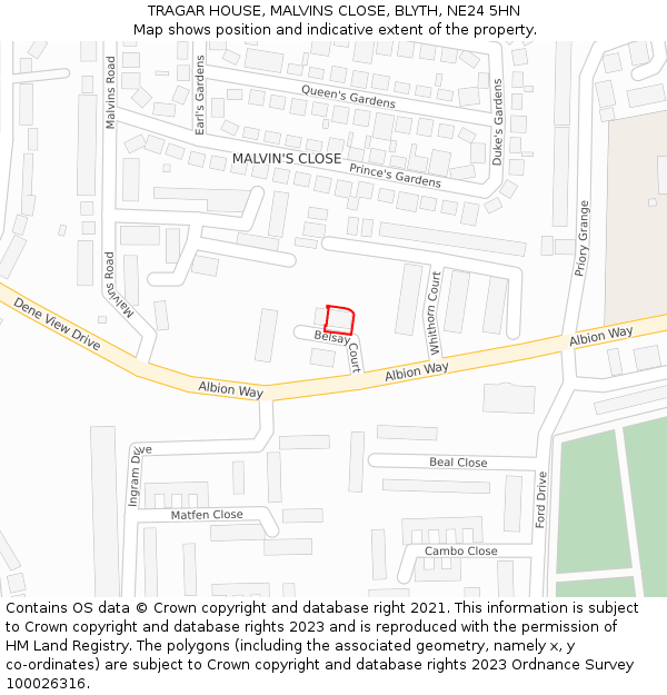 TRAGAR HOUSE, MALVINS CLOSE, BLYTH, NE24 5HN: Location map and indicative extent of plot