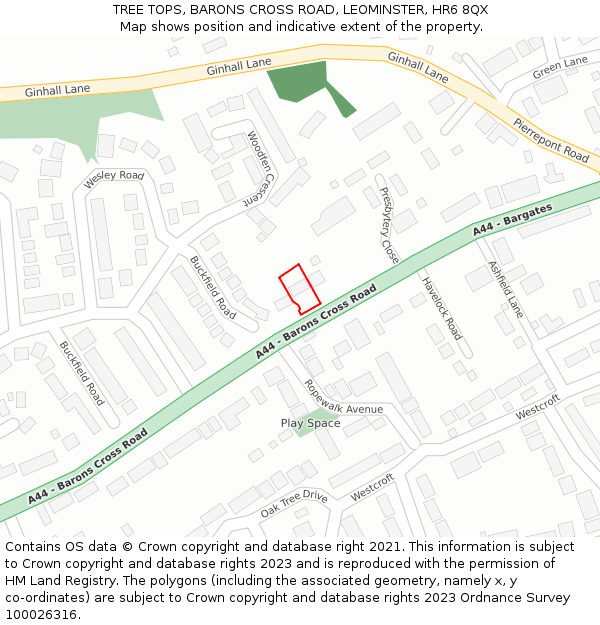 TREE TOPS, BARONS CROSS ROAD, LEOMINSTER, HR6 8QX: Location map and indicative extent of plot