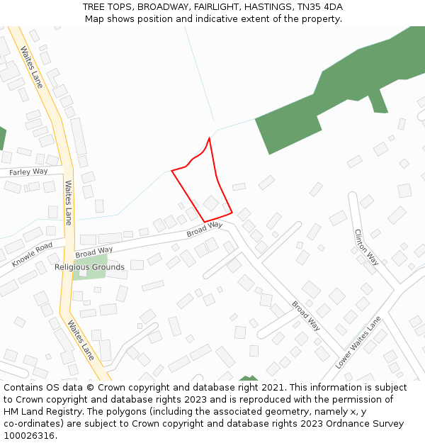 TREE TOPS, BROADWAY, FAIRLIGHT, HASTINGS, TN35 4DA: Location map and indicative extent of plot