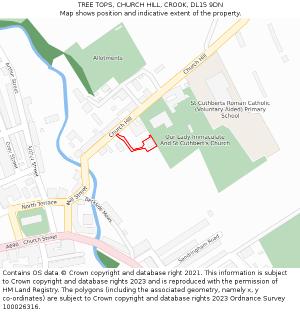 TREE TOPS, CHURCH HILL, CROOK, DL15 9DN: Location map and indicative extent of plot
