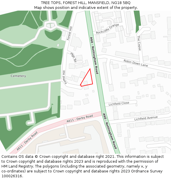 TREE TOPS, FOREST HILL, MANSFIELD, NG18 5BQ: Location map and indicative extent of plot