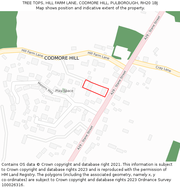 TREE TOPS, HILL FARM LANE, CODMORE HILL, PULBOROUGH, RH20 1BJ: Location map and indicative extent of plot