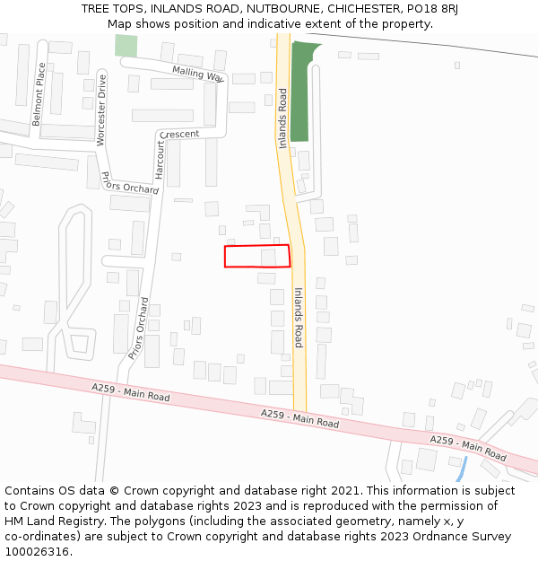 TREE TOPS, INLANDS ROAD, NUTBOURNE, CHICHESTER, PO18 8RJ: Location map and indicative extent of plot