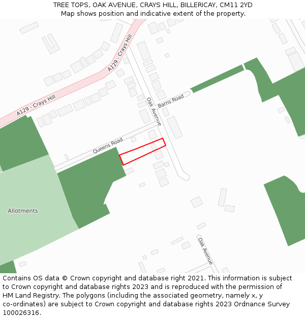 TREE TOPS, OAK AVENUE, CRAYS HILL, BILLERICAY, CM11 2YD: Location map and indicative extent of plot