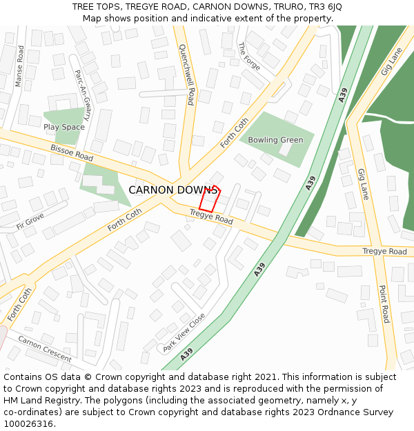 TREE TOPS, TREGYE ROAD, CARNON DOWNS, TRURO, TR3 6JQ: Location map and indicative extent of plot