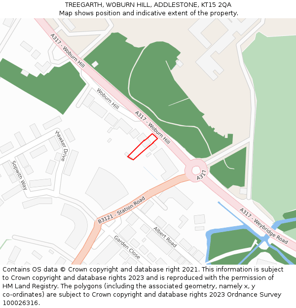 TREEGARTH, WOBURN HILL, ADDLESTONE, KT15 2QA: Location map and indicative extent of plot