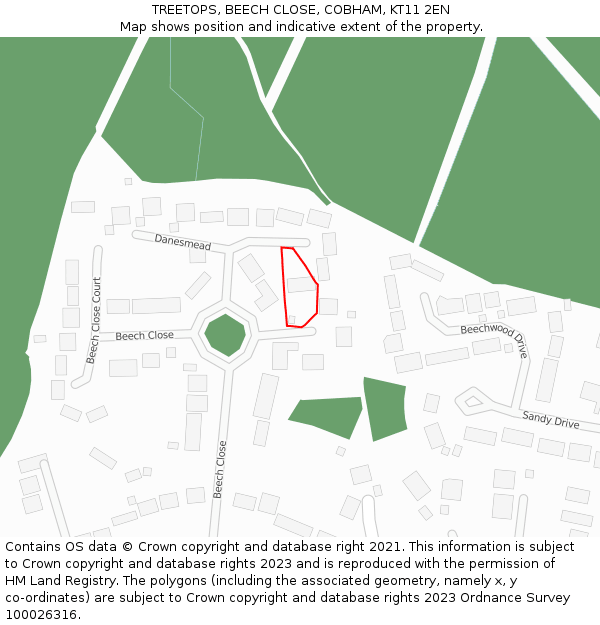 TREETOPS, BEECH CLOSE, COBHAM, KT11 2EN: Location map and indicative extent of plot