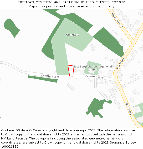 TREETOPS, CEMETERY LANE, EAST BERGHOLT, COLCHESTER, CO7 6RZ: Location map and indicative extent of plot