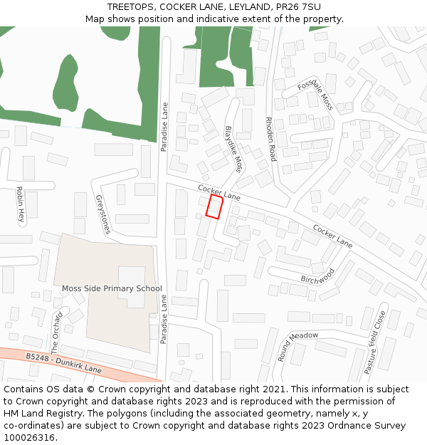 TREETOPS, COCKER LANE, LEYLAND, PR26 7SU: Location map and indicative extent of plot