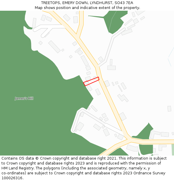 TREETOPS, EMERY DOWN, LYNDHURST, SO43 7EA: Location map and indicative extent of plot