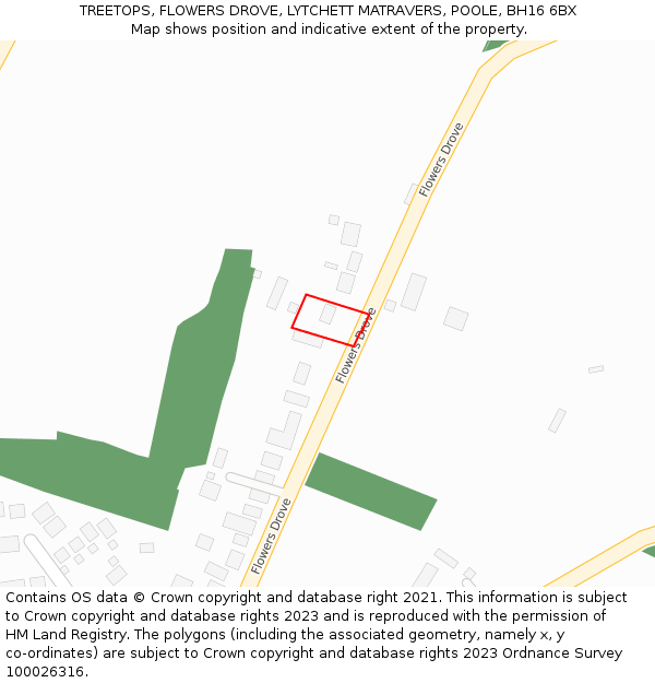 TREETOPS, FLOWERS DROVE, LYTCHETT MATRAVERS, POOLE, BH16 6BX: Location map and indicative extent of plot