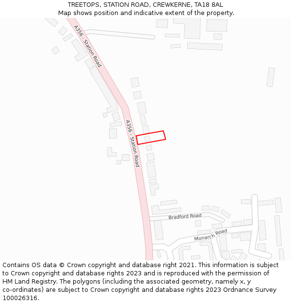 TREETOPS, STATION ROAD, CREWKERNE, TA18 8AL: Location map and indicative extent of plot