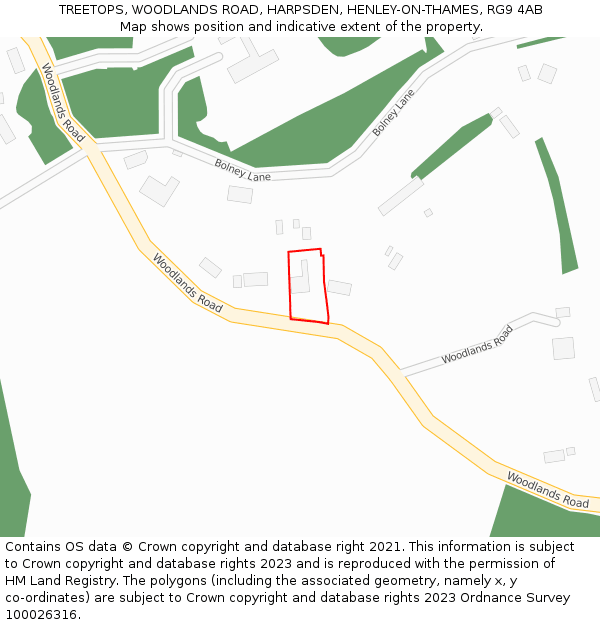 TREETOPS, WOODLANDS ROAD, HARPSDEN, HENLEY-ON-THAMES, RG9 4AB: Location map and indicative extent of plot