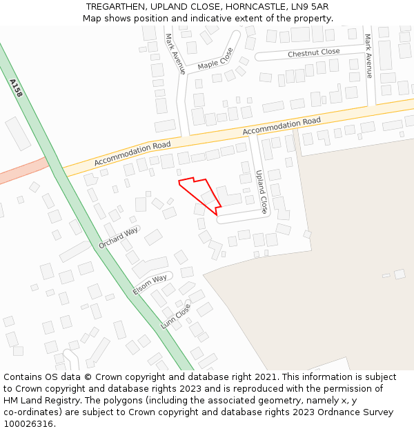 TREGARTHEN, UPLAND CLOSE, HORNCASTLE, LN9 5AR: Location map and indicative extent of plot